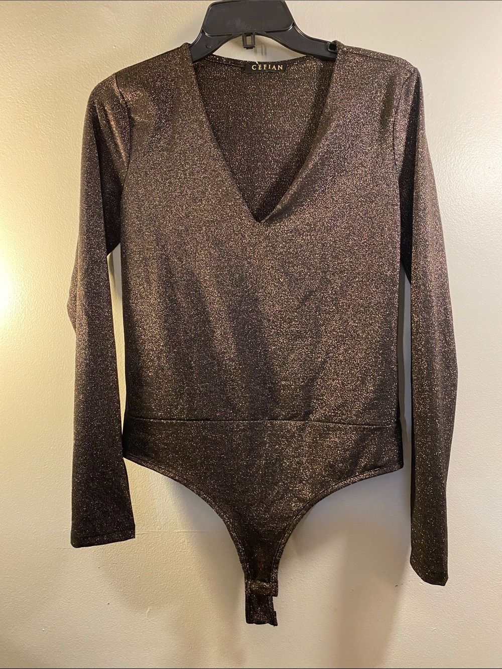 Shimmery Chocolate V-Neck Long-Sleeve Bodysuit